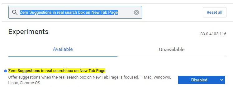 搜索：“Zero Suggestions in real search box on New Tab Page” Disable掉，